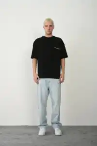 Erkek Baskılı T-Shirt Kısa Kol Bisiklet Yaka Rahat Kalıp Tişört  - Siyah