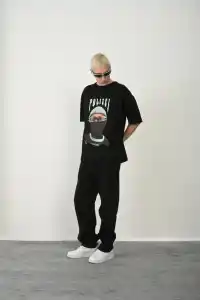 Erkek Baskılı T-Shirt Kısa Kol Bisiklet Yaka Rahat Kalıp Tişört - Siyah