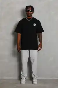 Erkek Baskılı T-Shirt Kısa Kol Bisiklet Yaka Rahat Kalıp Tişört  - Siyah