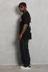 Erkek Kısa Kol Yazlık Tişört Bisiklet Yaka Baskılı Oversize T-Shirt - Siyah