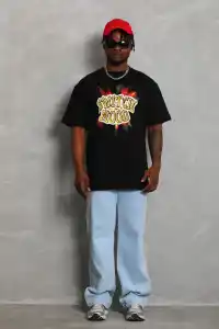 Erkek Baskılı T-Shirt Kısa Kol Bisiklet Yaka Rahat Kalıp Tişört - Siyah