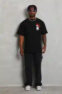 Erkek Kısa Kol Yazlık Tişört Bisiklet Yaka Baskılı Oversize T-Shirt - Siyah