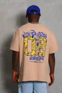 Erkek Baskılı Tişört Kısa Kol Bisiklet Yaka Oversize T-Shirt - Bej