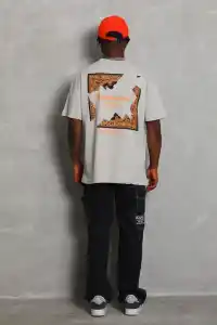 Erkek Baskılı Tişört Kısa Kol Bisiklet Yaka Oversize T-Shirt - Gri