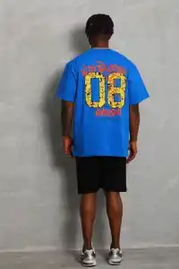 Erkek Baskılı Tişört Kısa Kol Bisiklet Yaka Oversize T-Shirt - Mavi
