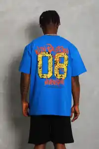 Erkek Baskılı Tişört Kısa Kol Bisiklet Yaka Oversize T-Shirt - Mavi