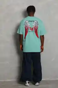 Erkek Kısa Kol Tişört Bisiklet Yaka KANAT Baskılı Oversize T-Shirt - Mint Yeşili
