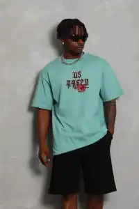 Erkek Baskılı Tişört Kısa Kol Bisiklet Yaka Oversize T-Shirt - Mint Yeşili