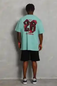 Erkek Baskılı Tişört Kısa Kol Bisiklet Yaka Oversize T-Shirt - Mint Yeşili