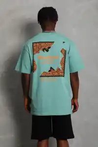 Erkek Baskılı Tişört Kısa Kol Bisiklet Yaka Oversize T-Shirt - Mint Yeşili