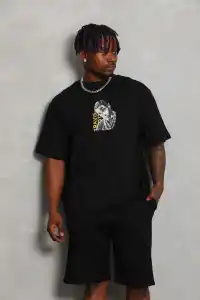 Erkek Baskılı Tişört Kısa Kol Bisiklet Yaka Oversize T-Shirt - Siyah