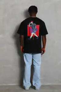 Erkek Baskılı Tişört Kısa Kol Bisiklet Yaka Oversize T-Shirt - - Siyah
