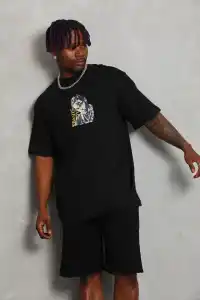 Erkek Baskılı Tişört Kısa Kol Bisiklet Yaka Oversize T-Shirt - Siyah