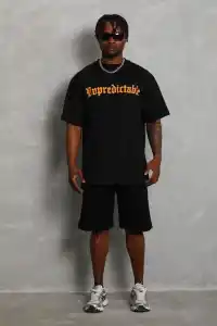 Erkek Baskılı Tişört Kısa Kol Bisiklet Yaka Oversize T-Shirt - Siyah