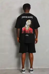 Erkek Baskılı Tişört Kısa Kol Bisiklet Yaka Oversize T-Shirt - Siyah