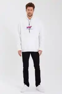 Erkek 3 İplik Pamuklu Kapüşonlu Baskılı Cepli Oversize Sweatshirt Hoodie - Beyaz