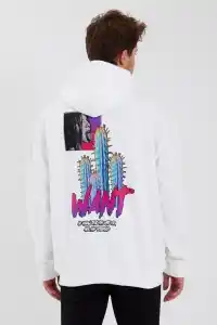Erkek 3 İplik Pamuklu Kapüşonlu Baskılı Cepli Oversize Sweatshirt Hoodie - Beyaz