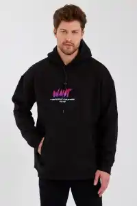 Erkek 3 İplik Pamuklu Kapüşonlu Baskılı Cepli Oversize Sweatshirt Hoodie - Siyah