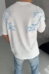 Erkek Bisiklet Yaka Tişört Yıldırım Şimşek Baskılı Kısa Kol T-Shirt - Beyaz