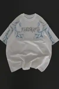 Erkek Bisiklet Yaka Tişört Yıldırım Şimşek Baskılı Kısa Kol T-Shirt - Beyaz