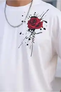 Erkek Kısa Kol Yazlık Tişört Bisiklet Yaka GÜL Baskılı T-Shirt - Beyaz