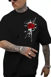 Erkek Kısa Kol Yazlık Tişört Bisiklet Yaka GÜL Baskılı T-Shirt - Siyah
