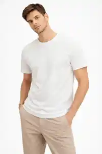 Erkek Bisiklet Yaka Yazlık Kısa kol Düz Tişört Regular Kalıp T-shirt - Beyaz