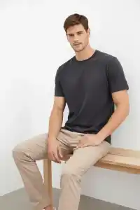 Erkek Bisiklet Yaka Yazlık Kısa kol Düz Tişört Regular Kalıp T-shirt - Füme