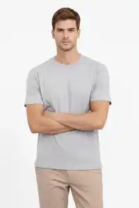 Erkek Bisiklet Yaka Yazlık Kısa kol Düz Tişört Regular Kalıp T-shirt - Gri