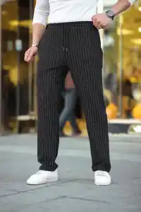 Erkek Cizgili Dokuma Krep Jogger Buggy Pantalon Rahat kalıp - Siyah