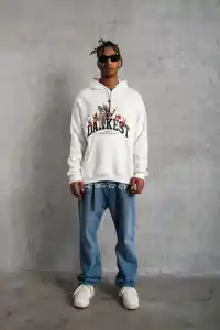Erkek 3 İplik Pamuklu Kapüşonlu Baskılı Cepli Oversize Sweatshirt Hoodie - Beyaz