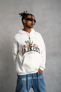 Erkek 3 İplik Pamuklu Kapüşonlu Baskılı Cepli Oversize Sweatshirt Hoodie - Beyaz