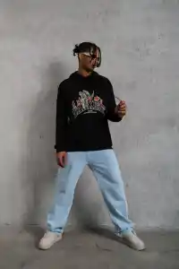 Erkek 3 İplik Pamuklu Kapüşonlu Baskılı Cepli Oversize Sweatshirt Hoodie - Siyah