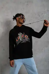 Erkek 3 İplik Pamuklu Kapüşonlu Baskılı Cepli Oversize Sweatshirt Hoodie - Siyah