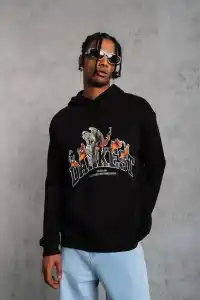 Erkek 3 İplik Pamuklu Kapüşonlu Baskılı Cepli Oversize Sweatshirt Hoodie - Siyah