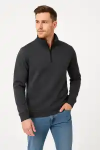 Erkek Dik Yaka Yarım Fermuarlı 3 İplik Pamuklu Sweatshirt -  Antrasit