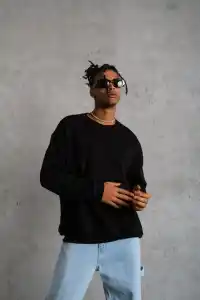 Erkek Bisiklet Yaka Baskılı 3 İplik Pamuklu Sweatshirt -  Siyah