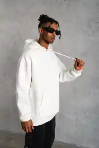 Erkek 3 İplik Pamuklu Kapüşonlu Kanguru Cepli Sweatshirt Hoodie - Beyaz