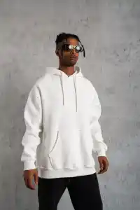 Erkek 3 İplik Pamuklu Kapüşonlu Kanguru Cepli Sweatshirt Hoodie - Beyaz