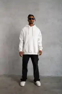 Erkek 3 İplik Pamuklu Kapüşonlu Kanguru Cepli Sweatshirt Hoodie - Beyaz