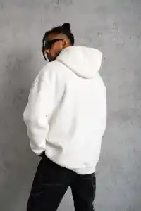 Erkek 3 İplik Pamuklu Kapüşonlu Kanguru Cepli Sweatshirt Hoodie - Beyaz