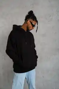 Erkek 3 İplik Pamuklu Kapüşonlu Kanguru Cepli Sweatshirt Hoodie -  Siyah