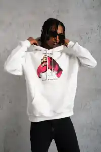 Erkek Kapüşonlu Cepli Boks Eldiven Baskılı 3 İplik Sweatshirt Hoodie - Beyaz