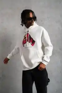 Erkek Kapüşonlu Cepli Boks Eldiven Baskılı 3 İplik Sweatshirt Hoodie - Beyaz