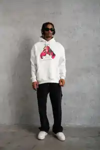 Erkek Kapüşonlu Cepli Boks Eldiven Baskılı 3 İplik Sweatshirt Hoodie - Beyaz