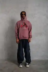 Erkek Kapüşonlu Cepli Box Eldiven Baskılı 3 İplik Sweatshirt Hoodie - Gül Kurusu