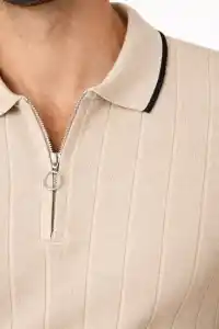 Erkek Yazlık Dokuma Triko Tişört Fermuarlı Polo Yaka Kısa Kol T-Shirt - Bej