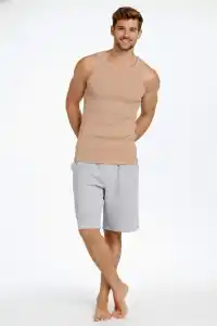 Erkek Fitilli Atlet Sıfır Yaka Slim Fit Arka Baskılı Spor Atlet - Bej