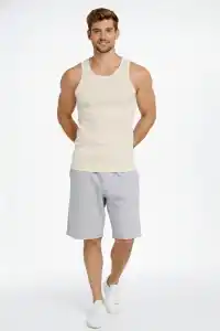 Erkek Fitilli Atlet Sıfır Yaka Slim Fit Arka Baskılı Spor Atlet - Krem