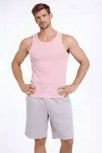 Erkek Fitilli Atlet Sıfır Yaka Slim Fit Arka Baskılı Spor Atlet - Pembe
